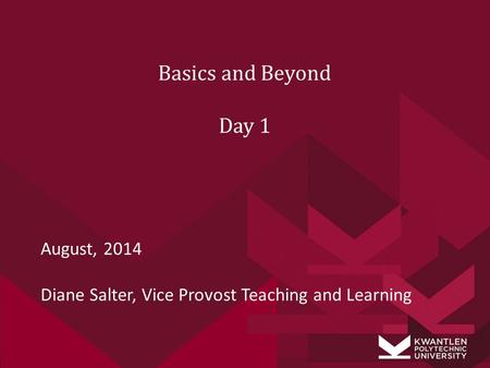 August, 2014 Diane Salter, Vice Provost Teaching and Learning Basics and Beyond Day 1.