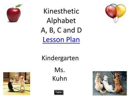 Kinesthetic Alphabet A, B, C and D Lesson Plan Lesson Plan Kindergarten Ms. Kuhn.
