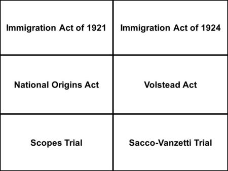 Immigration Act of 1921Immigration Act of 1924 National Origins ActVolstead Act Scopes TrialSacco-Vanzetti Trial.