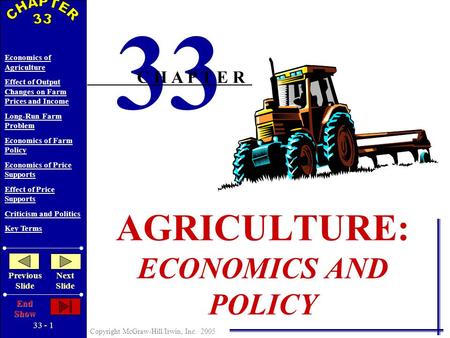 33 - 1 Copyright McGraw-Hill/Irwin, Inc. 2005 Economics of Agriculture Effect of Output Changes on Farm Prices and Income Long-Run Farm Problem Economics.