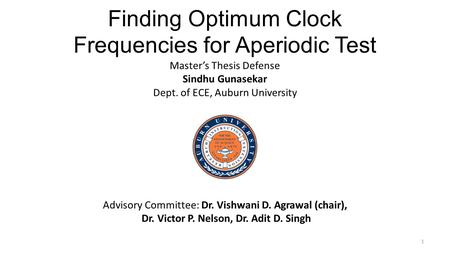 Finding Optimum Clock Frequencies for Aperiodic Test Master’s Thesis Defense Sindhu Gunasekar Dept. of ECE, Auburn University Advisory Committee: Dr. Vishwani.