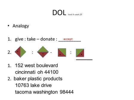 Analogy 1.give : take – donate : _________ 2. : - : 1. 152 west boulevard cincinnati oh 44100 2. baker plastic products 10763 lake drive tacoma washington.