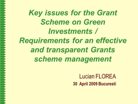 Key issues for the Grant Scheme on Green Investments / Requirements for an effective and transparent Grants scheme management Lucian FLOREA 30 April 2009.