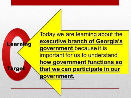 Learning Target Today we are learning about the executive branch of Georgia’s government because it is important for us to understand how government functions.