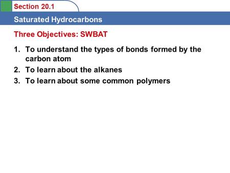 Section 20.1 Saturated Hydrocarbons 1.To understand the types of bonds formed by the carbon atom 2.To learn about the alkanes 3.To learn about some common.