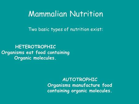 Mammalian Nutrition Two basic types of nutrition exist: HETEROTROPHIC Organisms eat food containing Organic molecules. AUTOTROPHIC Organisms manufacture.
