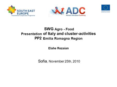 SWG Agro - Food Presentation of Italy and cluster-activities PP2 Emilia Romagna Region Elahe Rezaian Sofia, November 25th, 2010.