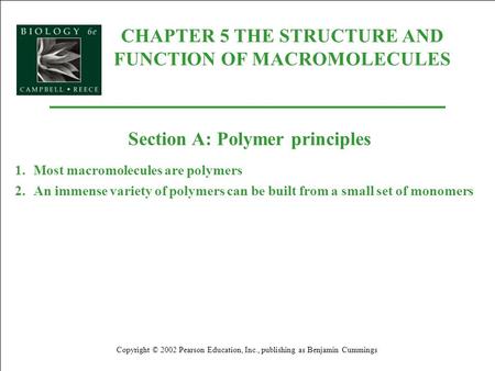 CHAPTER 5 THE STRUCTURE AND FUNCTION OF MACROMOLECULES Copyright © 2002 Pearson Education, Inc., publishing as Benjamin Cummings Section A: Polymer principles.