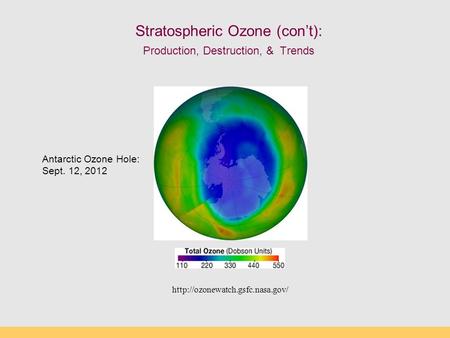 Stratospheric Ozone (con’t): Production, Destruction, & Trends  Antarctic Ozone Hole: Sept. 12, 2012.