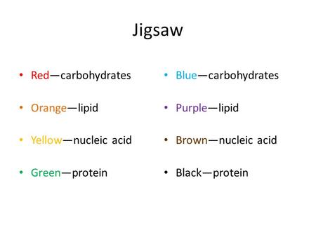 Jigsaw Red—carbohydrates Orange—lipid Yellow—nucleic acid Green—protein Blue—carbohydrates Purple—lipid Brown—nucleic acid Black—protein.