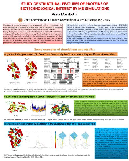 STUDY OF STRUCTURAL FEATURES OF PROTEINS OF BIOTECHNOLOGICAL INTEREST BY MD SIMULATIONS Anna Marabotti Dept. Chemistry and Biology, University of Salerno,