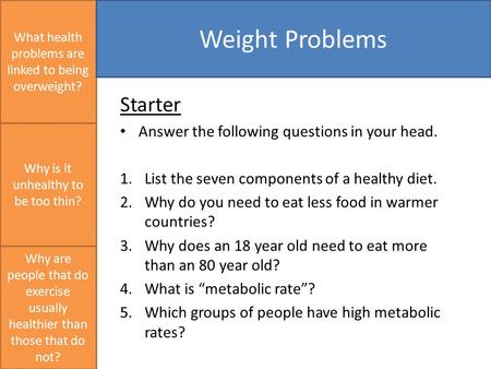 Starter Answer the following questions in your head. 1.List the seven components of a healthy diet. 2.Why do you need to eat less food in warmer countries?