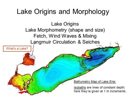 Lake Origins and Morphology Lake Origins Lake Morphometry (shape and size) Fetch, Wind Waves & Mixing Langmuir Circulation & Seiches Bathymetry Map of.