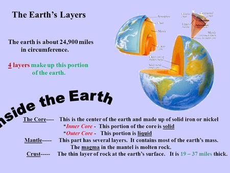The Earth’s Layers The earth is about 24,900 miles in circumference.
