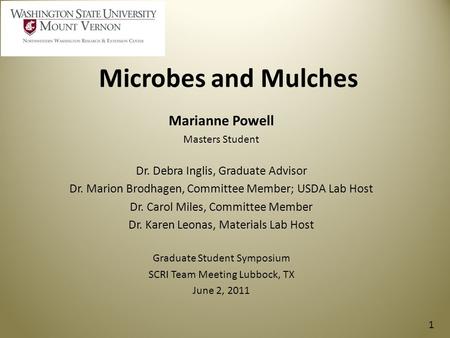Microbes and Mulches Marianne Powell Masters Student Dr. Debra Inglis, Graduate Advisor Dr. Marion Brodhagen, Committee Member; USDA Lab Host Dr. Carol.