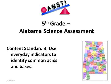 5 th Grade – Alabama Science Assessment Content Standard 3: Use everyday indicators to identify common acids and bases. 9/10/20151.