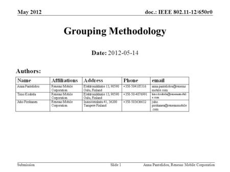 Doc.: IEEE 802.11-12/650r0 Submission May 2012 Anna Pantelidou, Renesas Mobile CorporationSlide 1 Grouping Methodology Date: 2012-05-14 Authors: