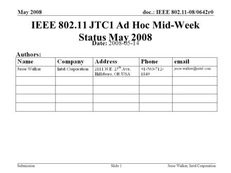 Doc.: IEEE 802.11-08/0642r0 Submission May 2008 Jesse Walker, Intel CorporationSlide 1 IEEE 802.11 JTC1 Ad Hoc Mid-Week Status May 2008 Date: 2008-05-14.