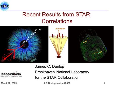 Recent Results from STAR: Correlations James C. Dunlop Brookhaven National Laboratory for the STAR Collaboration March 20, 2009 1 J.C. Dunlop, Moriond.