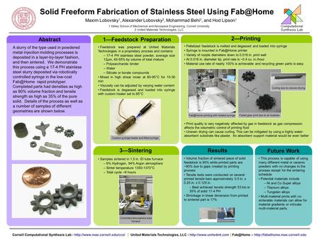 Solid Freeform Fabrication of Stainless Steel Using Maxim Lobovsky 1, Alexander Lobovsky 2, Mohammad Behi 2, and Hod Lipson 1 1 Sibley School.