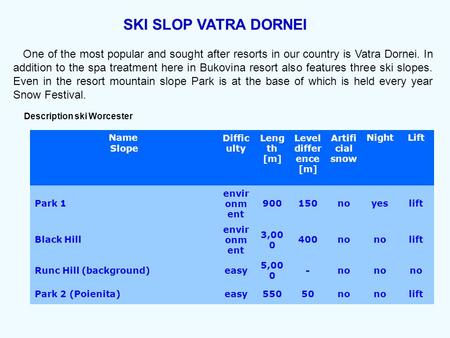 SKI SLOP VATRA DORNEI One of the most popular and sought after resorts in our country is Vatra Dornei. In addition to the spa treatment here in Bukovina.