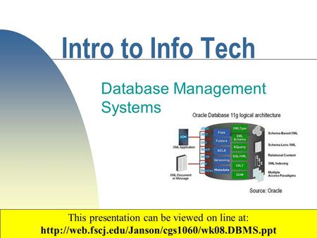 1 Intro to Info Tech Database Management Systems Copyright 2003 by Janson Industries This presentation can be viewed on line at:
