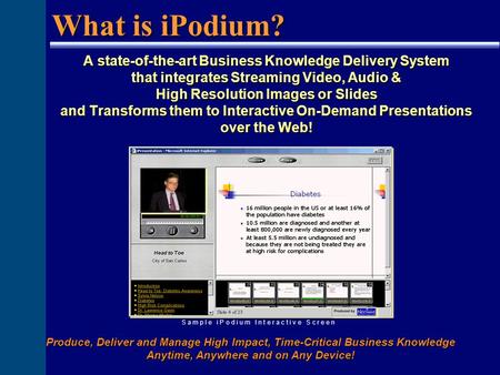 A state-of-the-art Business Knowledge Delivery System that integrates Streaming Video, Audio & High Resolution Images or Slides and Transforms them to.