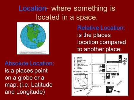 Location- where something is located in a space. Absolute Location: is a places point on a globe or a map. (i.e. Latitude and Longitude) Relative Location: