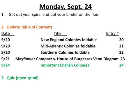 Monday, Sept. 24 1.Get out your spiral and put your binder on the floor 2. Update Table of Contents DateTitleEntry # 9/20New England Colonies foldable20.