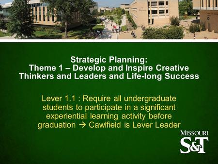 Strategic Planning: Theme 1 – Develop and Inspire Creative Thinkers and Leaders and Life-long Success Lever 1.1 : Require all undergraduate students to.