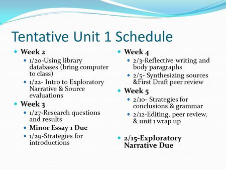 Tentative Unit 1 Schedule Week 2 1/20-Using library databases (bring computer to class) 1/22- Intro to Exploratory Narrative & Source evaluations Week.
