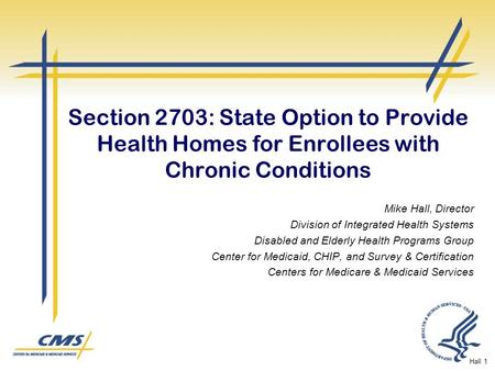 Section 2703: State Option to Provide Health Homes for Enrollees with Chronic Conditions Mike Hall, Director Division of Integrated Health Systems Disabled.