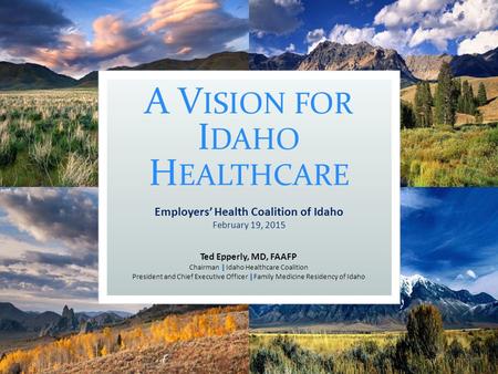 A V ISION FOR I DAHO H EALTHCARE Ted Epperly, MD, FAAFP | Chairman | Idaho Healthcare Coalition | President and Chief Executive Officer | Family Medicine.