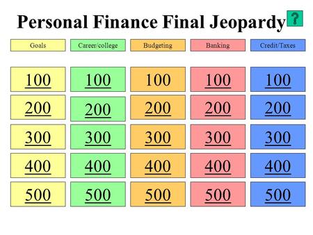 Personal Finance Final Jeopardy 100 200 300 400 500 100 300 400 500 100 200 300 400 500 100 200 300 400 500 100 200 300 400 500 GoalsCareer/collegeBudgetingBankingCredit/Taxes.