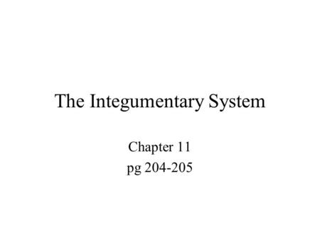 The Integumentary System Chapter 11 pg 204-205. The Integumentary System Composed of the skin, sweat and oil glands, hair, and nails Accounts for 7% of.