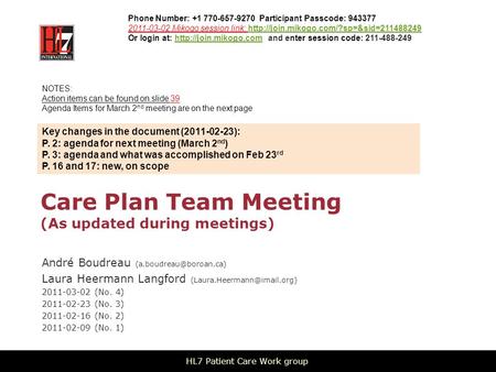 Care Plan Team Meeting (As updated during meetings) André Boudreau Laura Heermann Langford 2011-03-02.