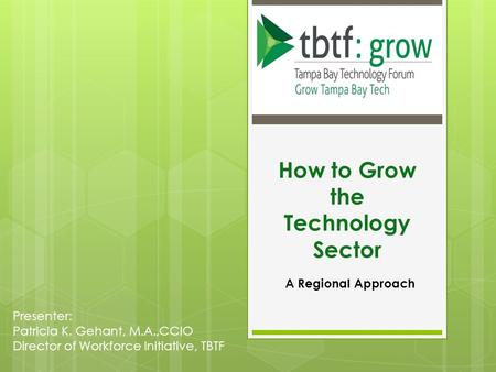 How to Grow the Technology Sector A Regional Approach Presenter: Patricia K. Gehant, M.A.,CCIO Director of Workforce Initiative, TBTF.