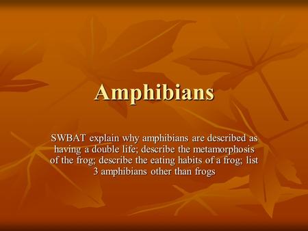 Amphibians SWBAT explain why amphibians are described as having a double life; describe the metamorphosis of the frog; describe the eating habits of a.