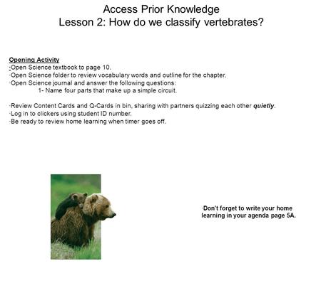 Access Prior Knowledge Lesson 2: How do we classify vertebrates? Opening Activity ·Open Science textbook to page 10. ·Open Science folder to review vocabulary.