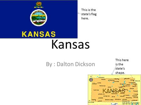 By : Dalton Dickson Kansas This is the state’s flag here. This here is the state’s shape.