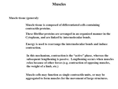 Muscles Muscle tissue (general): Muscle tissue is composed of differentiated cells containing contractile proteins. Muscle cells may function as single.