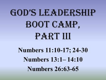 God’s leadership boot camp, part iii Numbers 11:10-17; 24-30 Numbers 13:1– 14:10 Numbers 26:63-65.