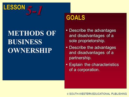© SOUTH-WESTERN EDUCATIONAL PUBLISHING LESSON5-1 GOALS  Describe the advantages and disadvantages of a sole proprietorship.  Describe the advantages.