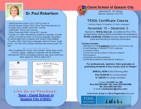 TESOL Certificate Course Tesol - Claret School of Quezon City (CSQC)