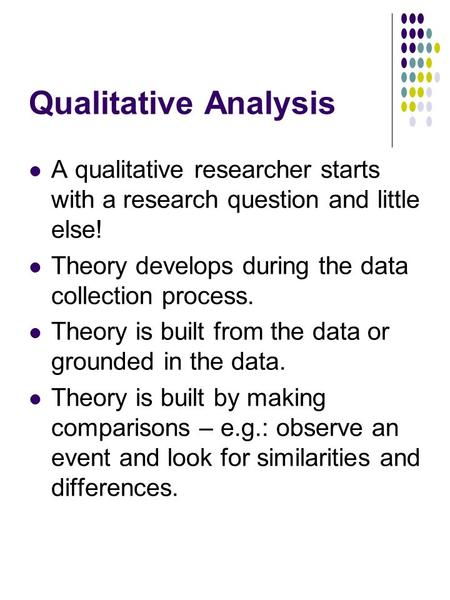 Qualitative Analysis A qualitative researcher starts with a research question and little else! Theory develops during the data collection process. Theory.