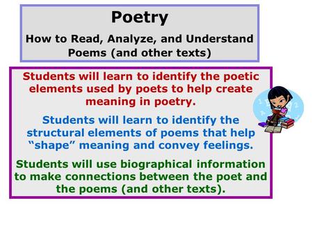 Poetry How to Read, Analyze, and Understand Poems (and other texts) Students will learn to identify the poetic elements used by poets to help create meaning.