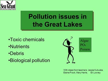 Pollution issues in the Great Lakes Toxic chemicals Nutrients Debris Biological pollution Algae PO 4 Poison With ideas from teachers: Jessie Kubuske, Elaine.