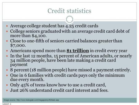Credit statistics Average college student has 4.25 credit cards College seniors graduated with an average credit card debt of more than $4,100. Close to.