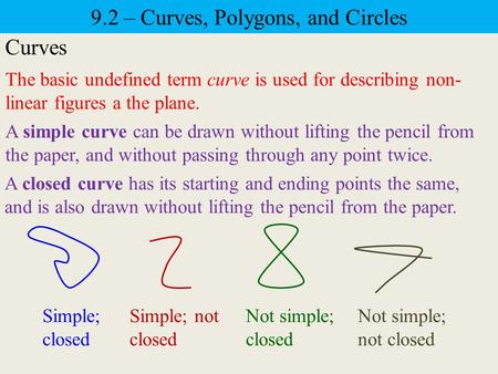 9.2 – Curves, Polygons, and Circles Curves The basic undefined term curve is used for describing non- linear figures a the plane. A simple curve can be.