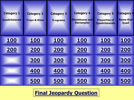 Final Jeopardy Question Category 1 Quadrilaterals Category 2 Traps & Kites 100 Category 6 Name that Quad Category 4 Rhombuses and Rectangles Category 5.
